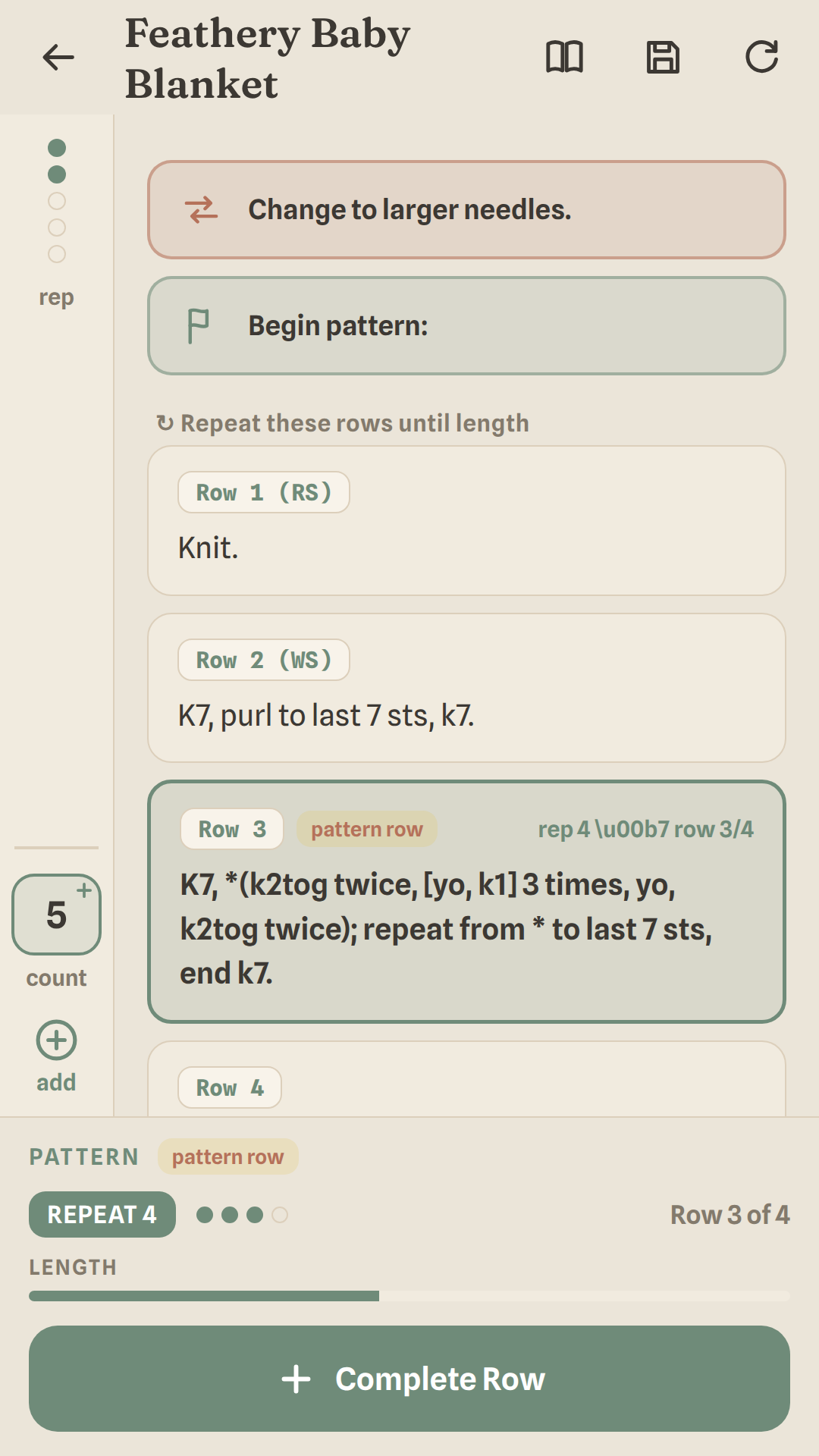 Slowspun’s row reader, holding the current row and its stitch counts