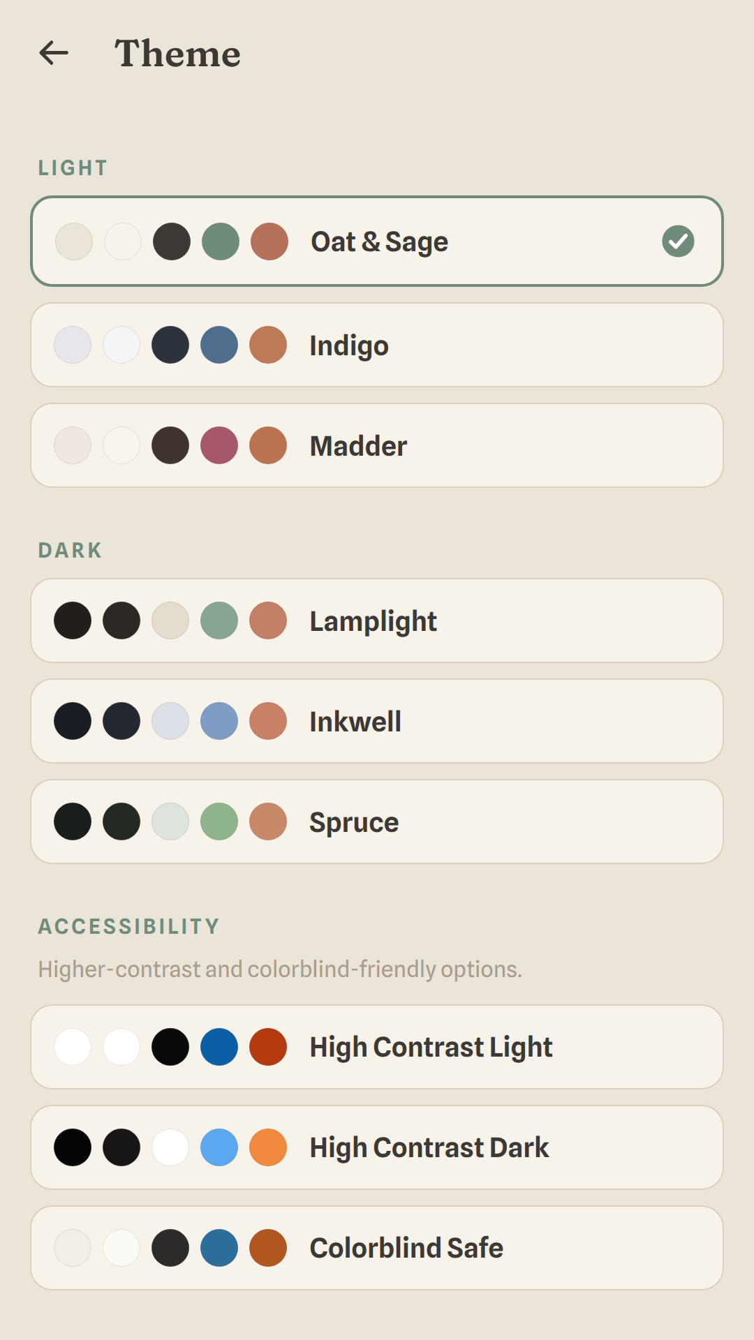 Slowspun’s theme screen, listing light, dark and colorblind-safe palettes