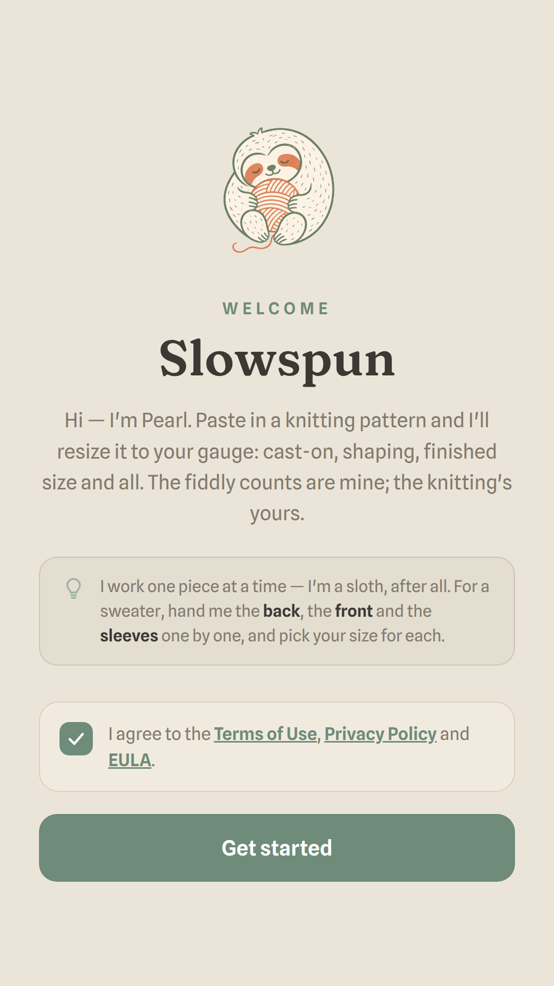 Slowspun welcome screen: Pearl resizes patterns to your gauge